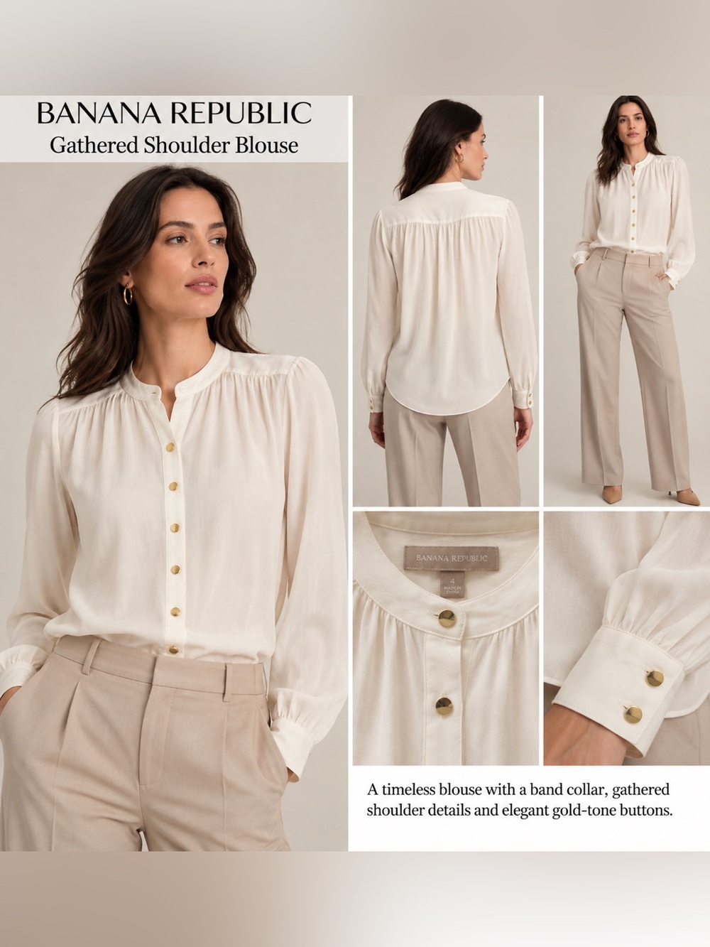 Banana Republic Ivory Gathered Shoulder Band Collar Button Front Blouse Sz 4